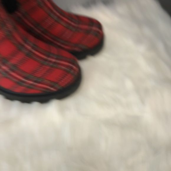 SUGAR-Favorite Red Black Plaid Rhinestone Chunky Heel Chelsea Ankle Boot - Picture 9 of 16